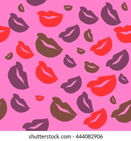Seamless pattern of large silhouettes of kissing lips colorful background