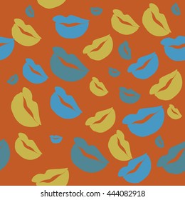 Seamless pattern of large silhouettes of kissing lips colorful background