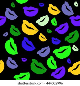 Seamless pattern of large silhouettes of kissing lips colorful background