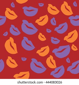 Seamless pattern of large silhouettes of kissing lips colorful background