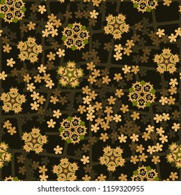 Seamless pattern of large and small abstract flowers. Against the backdrop of a network of quadrangles with rounded corners.