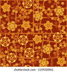 Seamless pattern of large and small abstract flowers. Against the backdrop of a network of quadrangles with rounded corners.