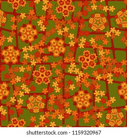 Seamless pattern of large and small abstract flowers. Against the backdrop of a network of quadrangles with rounded corners.