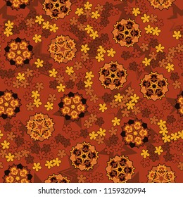 Seamless pattern of large and small abstract flowers. Against the background of seven-pointed stars.