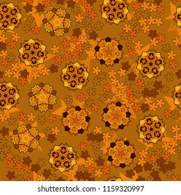 Seamless pattern of large and small abstract flowers. Against the background of seven-pointed stars.