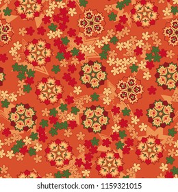 Seamless pattern of large and small abstract flowers. Against the background of seven-pointed stars.