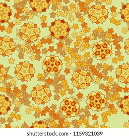 Seamless pattern of large and small abstract flowers. Against the background of seven-pointed stars.