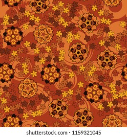 Seamless pattern of large and small abstract flowers. Against the background of circles.