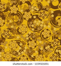 Seamless pattern of large and small abstract flowers. Against the background of circles.
