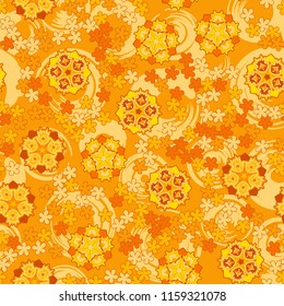 Seamless pattern of large and small abstract flowers. Against the background of circles.