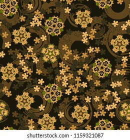 Seamless pattern of large and small abstract flowers. Against the background of circles.