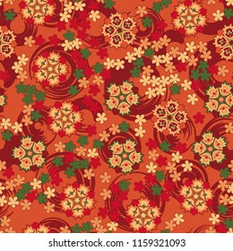 Seamless pattern of large and small abstract flowers. Against the background of circles.