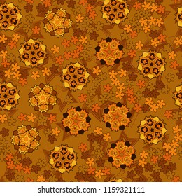 Seamless pattern of large and small abstract flowers. Against the background of five-pointed stars.