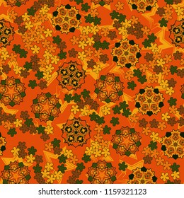 Seamless pattern of large and small abstract flowers. Against the background of five-pointed stars.