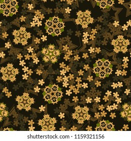 Seamless pattern of large and small abstract flowers. Against the background of five-pointed stars.