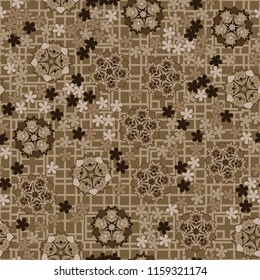 Seamless pattern of large and small abstract flowers. Against the background of a network consisting of quadrangles and crosses.