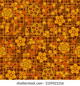 Seamless pattern of large and small abstract flowers. Against the background of a network consisting of quadrangles and crosses.