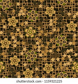 Seamless pattern of large and small abstract flowers. Against the background of a network consisting of quadrangles and crosses.
