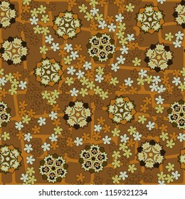 Seamless pattern of large and small abstract flowers. Against the backdrop of a network of quadrangles with rounded corners.