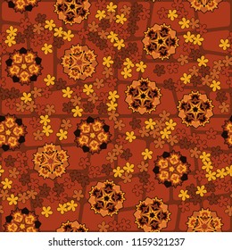 Seamless pattern of large and small abstract flowers. Against the backdrop of a network of quadrangles with rounded corners.