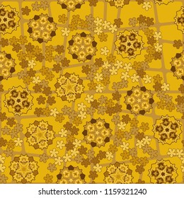 Seamless pattern of large and small abstract flowers. Against the backdrop of a network of quadrangles with rounded corners.