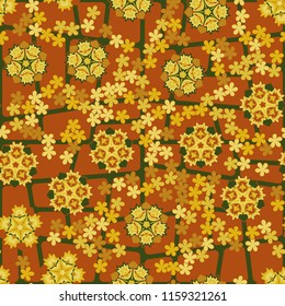 Seamless pattern of large and small abstract flowers. Against the backdrop of a network of quadrangles with rounded corners.