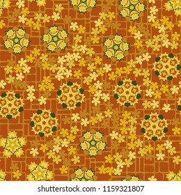 Seamless pattern of large and small abstract flowers. Against the background of a network of small rounded rectangles