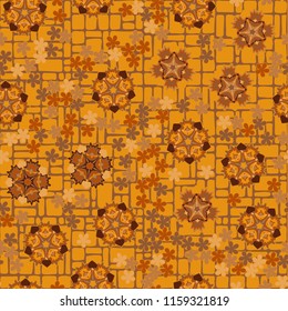 Seamless pattern of large and small abstract flowers. Against the background of a network of small rounded rectangles