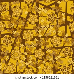 Seamless pattern of large and small abstract flowers. Against the background of an old network consisting of squares broken by chaotic lines.