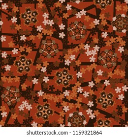Seamless pattern of large and small abstract flowers. Against the background of an old network consisting of squares broken by chaotic lines.