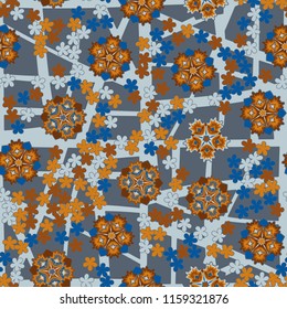 Seamless pattern of large and small abstract flowers. Against the background of an old network consisting of squares broken by chaotic lines.