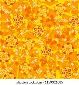 Seamless pattern of large and small abstract flowers. Against the background of an old network consisting of squares broken by chaotic lines.