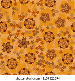 Seamless pattern of large and small abstract flowers. Against the background of an old network consisting of squares broken by chaotic lines.