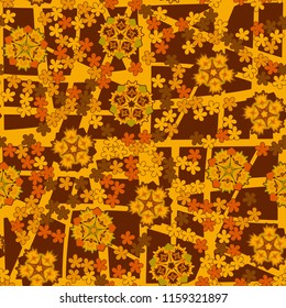Seamless pattern of large and small abstract flowers. Against the background of an old network consisting of squares broken by chaotic lines.