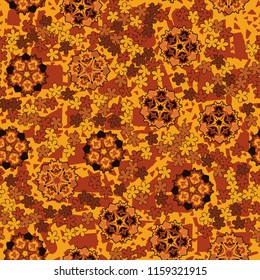 Seamless pattern of large and small abstract flowers. Against the background of an old network consisting of chaotically overlapping lines.