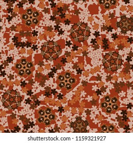 Seamless pattern of large and small abstract flowers. Against the background of an old network consisting of chaotically overlapping lines.