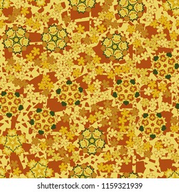 Seamless pattern of large and small abstract flowers. Against the background of an old network consisting of chaotically overlapping lines.
