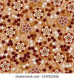 Seamless pattern of large and small abstract flowers. Against the background of an old network consisting of chaotically overlapping lines.