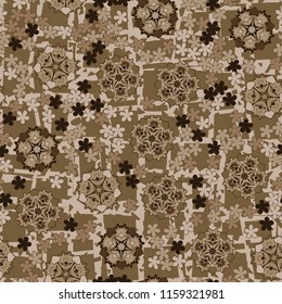 Seamless pattern of large and small abstract flowers. Against the background of an old network consisting of lines intersecting at right angles.