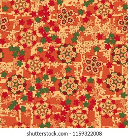 Seamless pattern of large and small abstract flowers. Against the background of an old network consisting of lines intersecting at right angles.