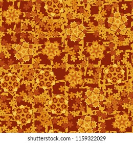 Seamless pattern of large and small abstract flowers. Against the background of an old network consisting of lines intersecting at right angles.