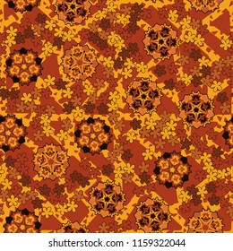 Seamless pattern of large and small abstract flowers. Against the background of an old network consisting of triangular and quadrangular cells.