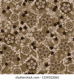 Seamless pattern of large and small abstract flowers. Against the background of an old network consisting of triangular and quadrangular cells.