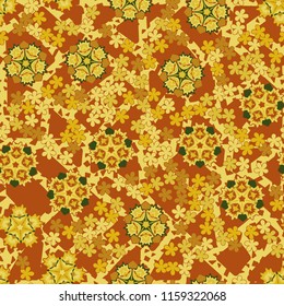 Seamless pattern of large and small abstract flowers. Against the background of an old network consisting of triangular and quadrangular cells.