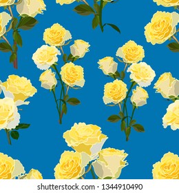  seamless pattern of large and small bouquets of yellow roses on a blue background