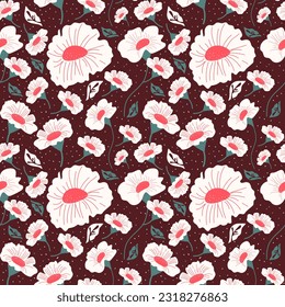 Seamless pattern with large and small flowers with stems. Seamless vector with flowers simple shapes for packaging or textile print.