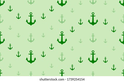 Seamless pattern of large and small green sea anchor symbols. The elements are arranged in a wavy. Vector illustration on light green background