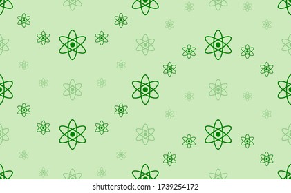 Seamless pattern of large and small green atomic symbols. The elements are arranged in a wavy. Vector illustration on light green background