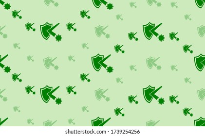 Seamless pattern of large and small green virus bounces off the shield symbols. The elements are arranged in a wavy. Vector illustration on light green background