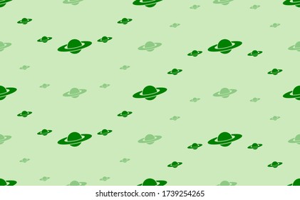 Seamless pattern of large and small green saturn symbols. The elements are arranged in a wavy. Vector illustration on light green background